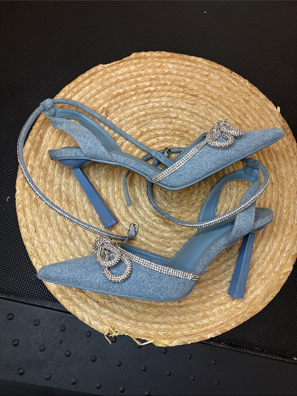 Call It Spring Light Blue Denim Jeans Rhinestone Bow Pointed-Toe Heels